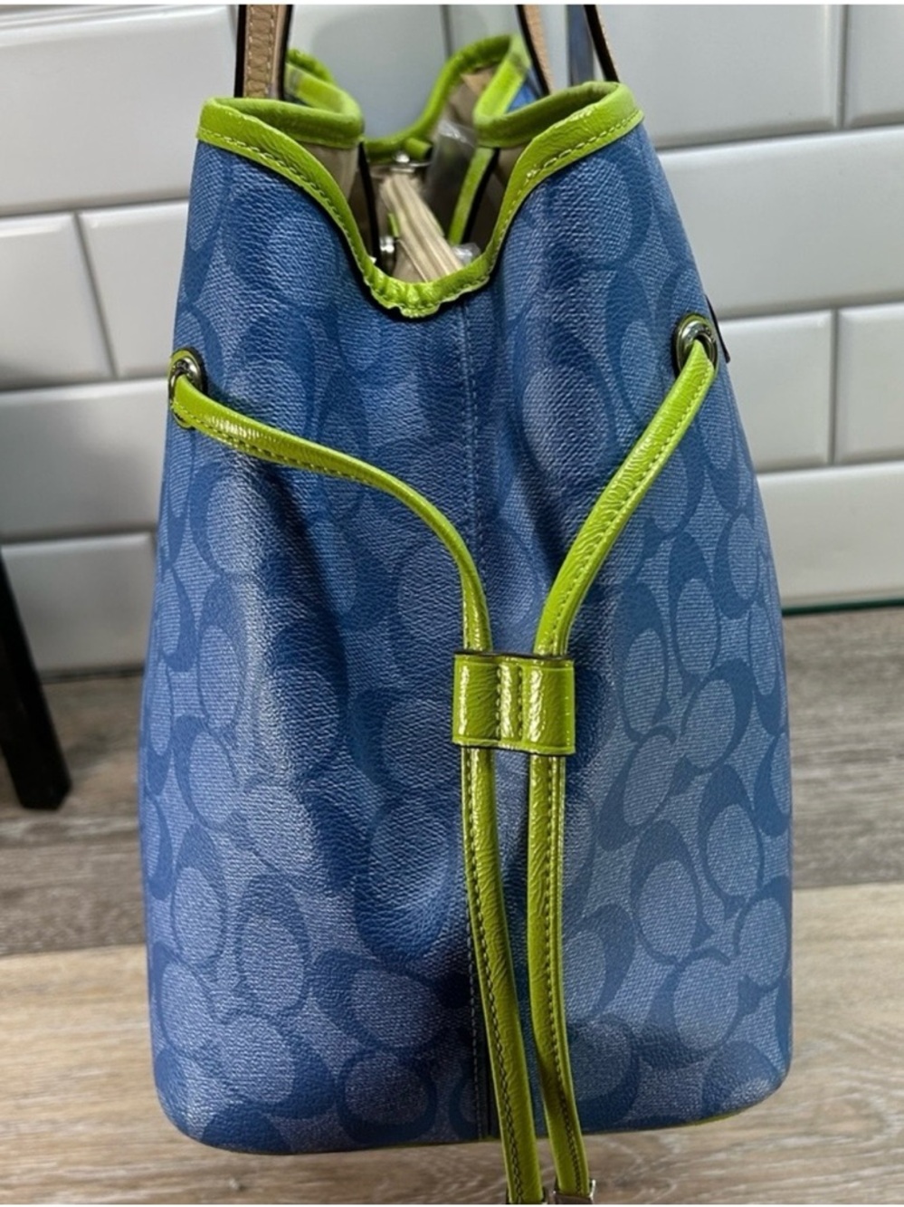 Coach Blue Signature Tote with Lime Center Stripe and Beige Trim - Picture 11 of 14
